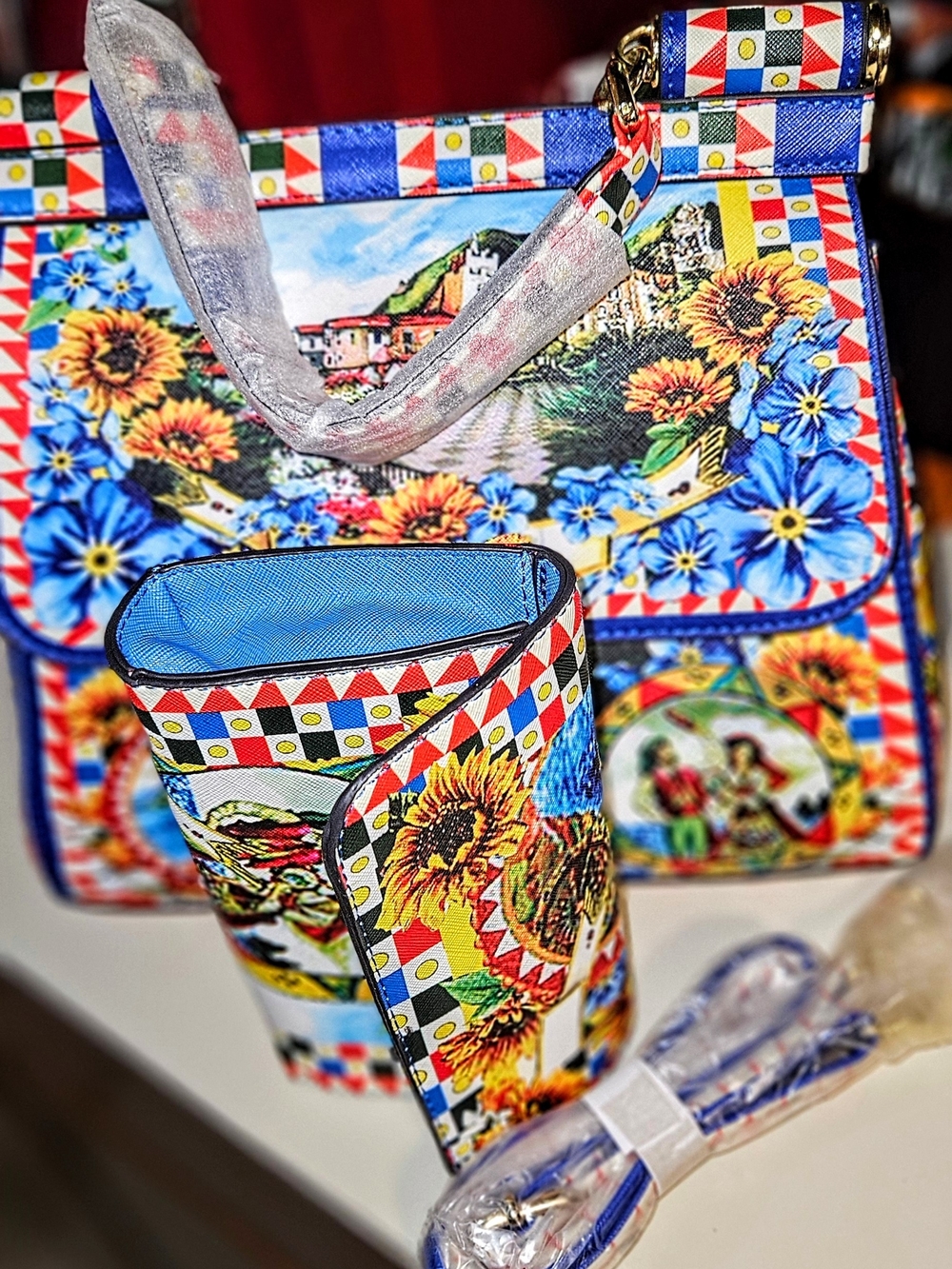 Accessorize Sunflower and Blue Accent Printed Tote Bag